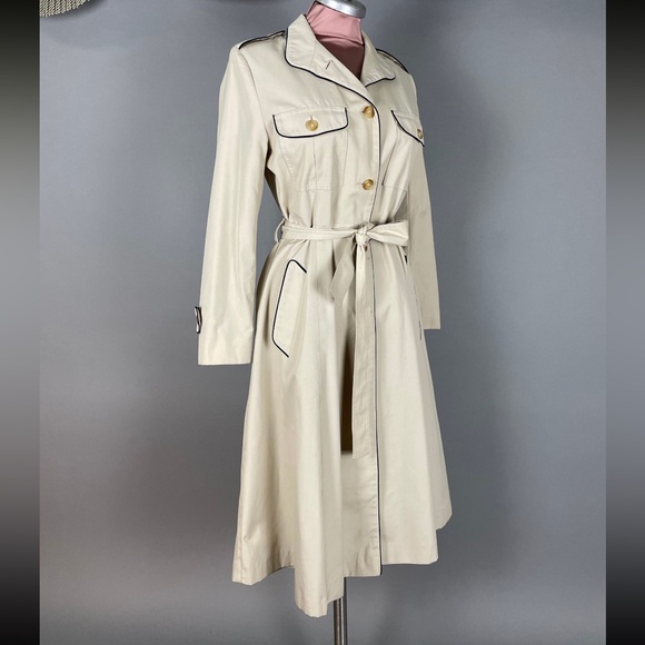 1970s princess coat vintage NAVY + BEIGE TRENCHCOAT fit flare full skirt jacket - Picture 3 of 10
